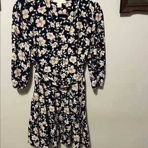 Navy Floral Long-Sleeve Wrap Dress with Cream Blooms